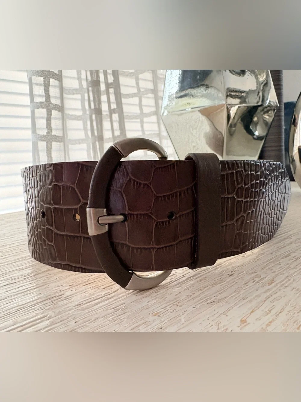 Banana Republic Brown Croc Leather Wide Belt Size S Made in Italy